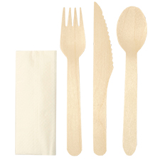 CNF WOODEN COMBO CUTLERY SET
CLEAR WRAPPED FORK KNIFE 
SPOON AND NAPKIN COMPOSTABLE 
1000 SETS/CS